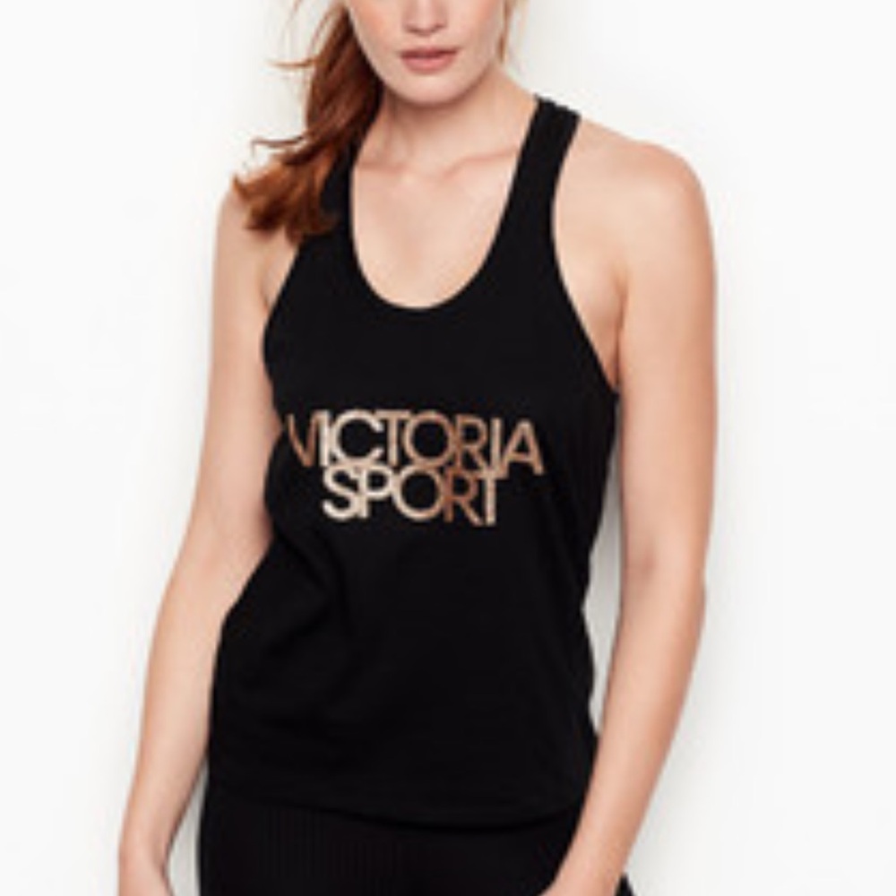 VS Sport Black Tank Top Open Back Tie Rose Gold Sparkle Logo NWOT S